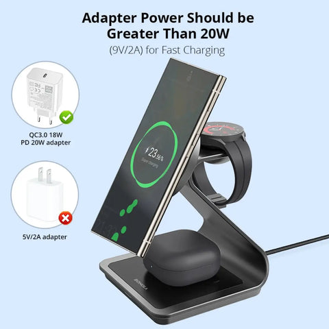25W fast wireless charger station showing adapter power requirements for optimal charging speed across Samsung Galaxy devices.