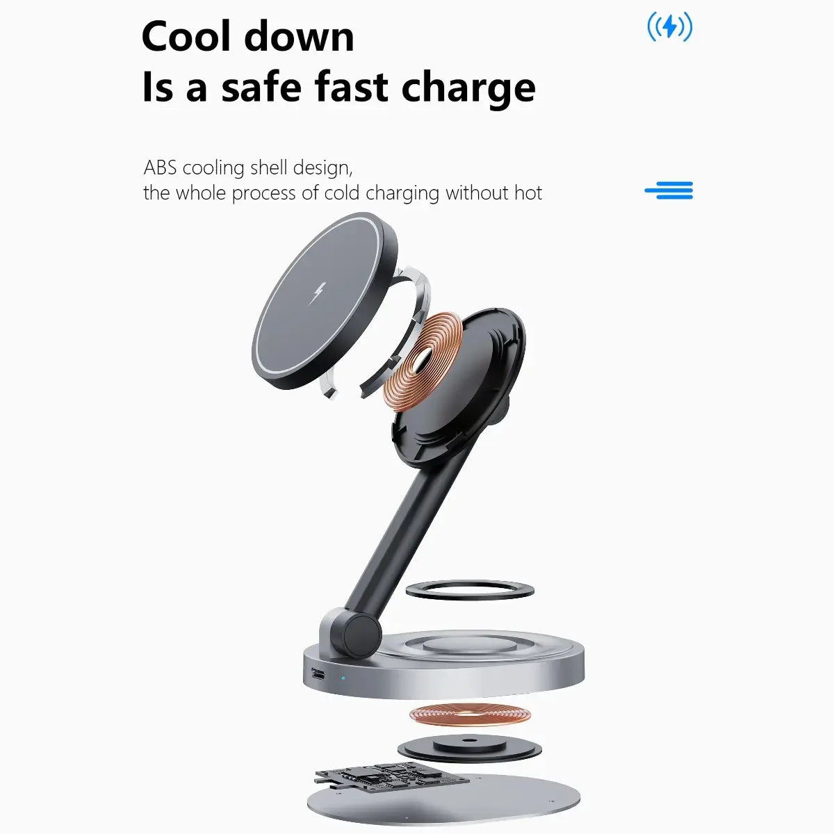3-in-1 magnetic charging stand with cooling ABS design for safe, fast wireless charging of Apple devices at home.