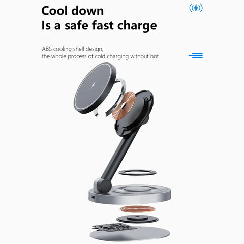 3-in-1 magnetic charging stand with cooling ABS design for safe, fast wireless charging of Apple devices at home.