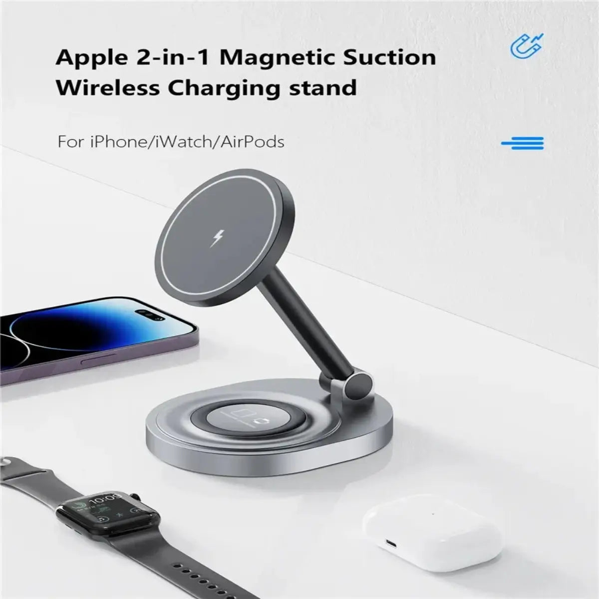 3-in-1 magnetic suction wireless charging stand designed for tidy desk setups and clutter-free Apple ecosystem charging.