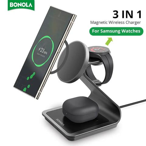 Bonola 3-in-1 magnetic wireless charger powering a Samsung phone, Galaxy Watch, and earbuds on one compact stand.