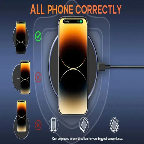 30W wireless charging pad holding a phone upright, compatible with smartwatches and multiple devices for fast desk charging
