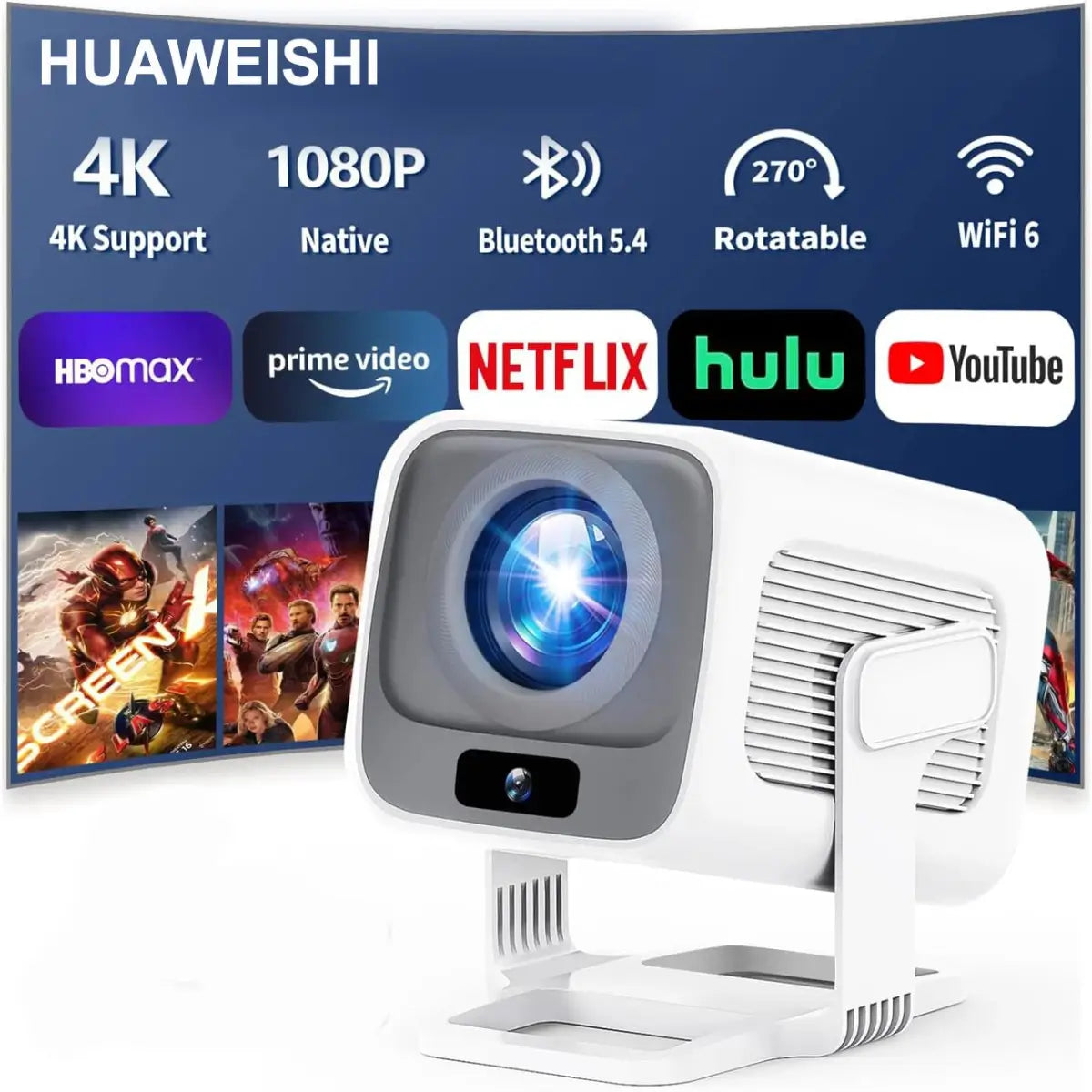  4K smart projector with built-in Android, WiFi 6, and Bluetooth 5.4, streaming Netflix, YouTube, and Prime Video instantly.