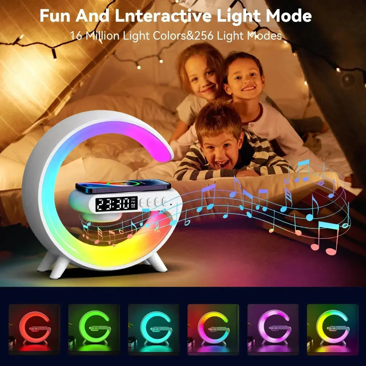 5-in-1 wireless charger dock with RGB mood lighting and Bluetooth speaker on a family bedroom nightstand.