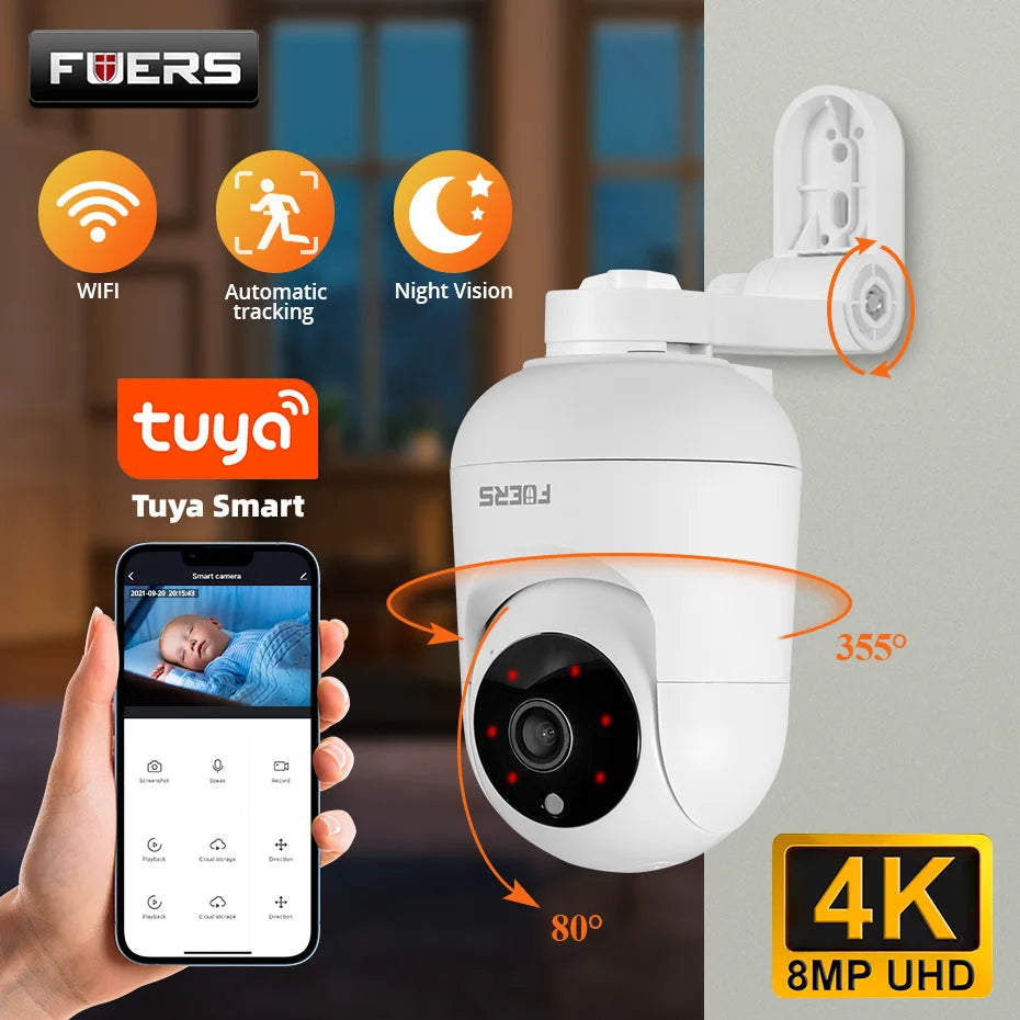 Fuers 4K 8MP WiFi IP Camera with adjustable bracket and AI auto-tracking, showing the Tuya Smart App interface for home security.