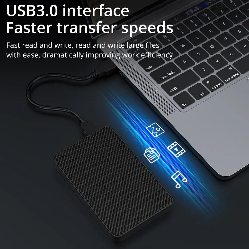 1TB Portable HDD External Hard Drive connected to a laptop for 6Gb/s high-speed data transfer.