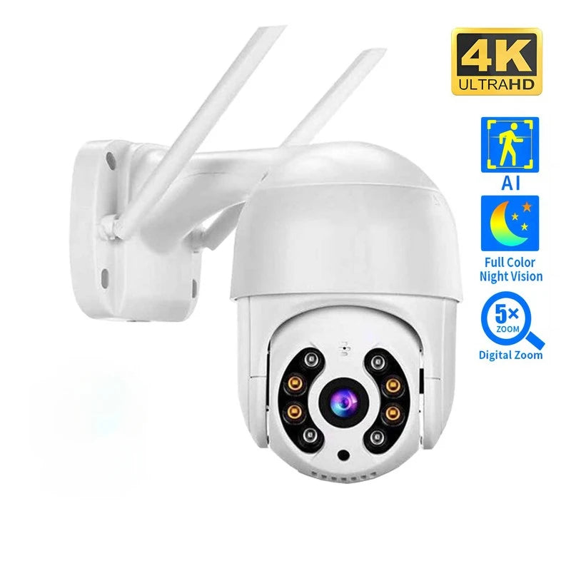 FalconEye 4K Ultra HD Wireless PTZ Security Camera with AI Auto-Tracking and Color Night Vision mounted on an outdoor wall.