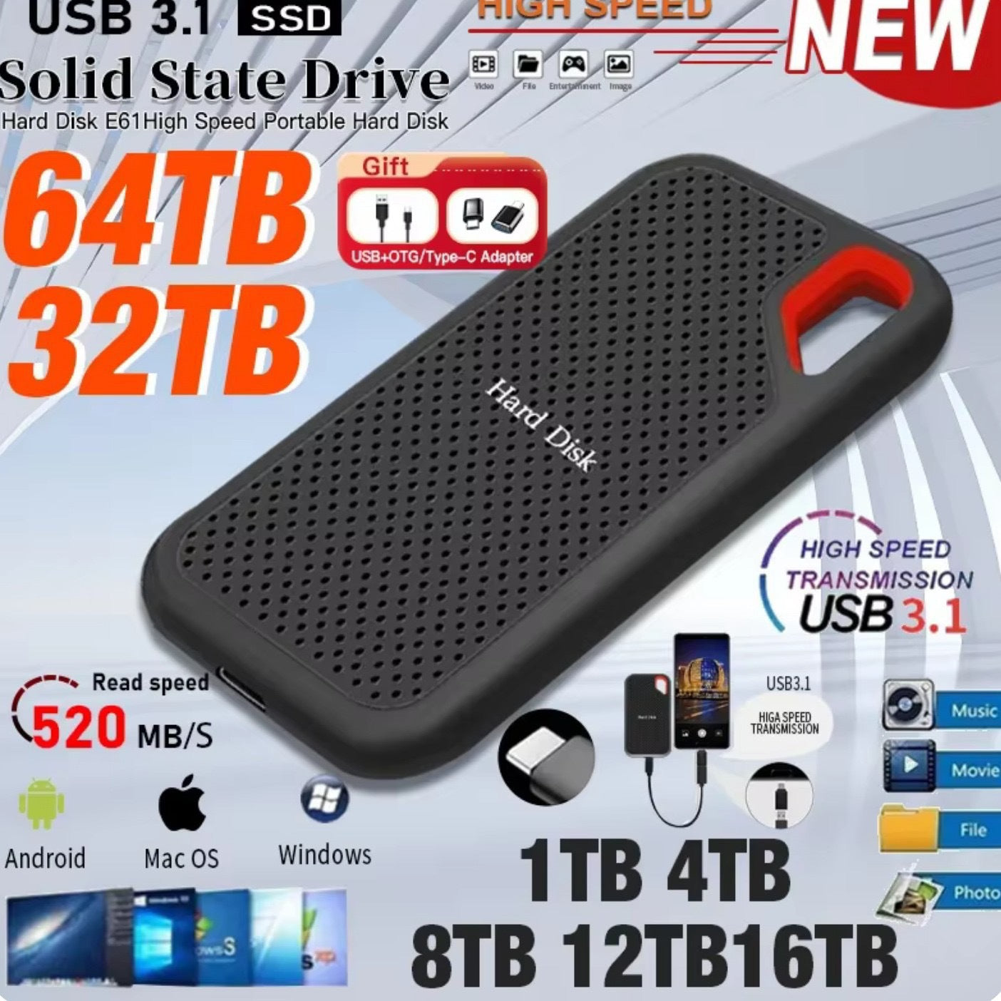 Black TitanDrive Mobile Solid State Drive with Type-C 3.1 interface, ultra-slim portable external SSD for high-speed data storage.