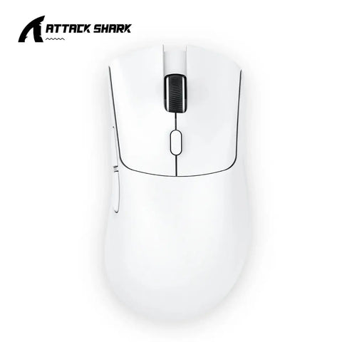Attack Shark R1 in white with tri-mode wireless connectivity supporting USB, 2.4G, and Bluetooth for flexible esports setups.