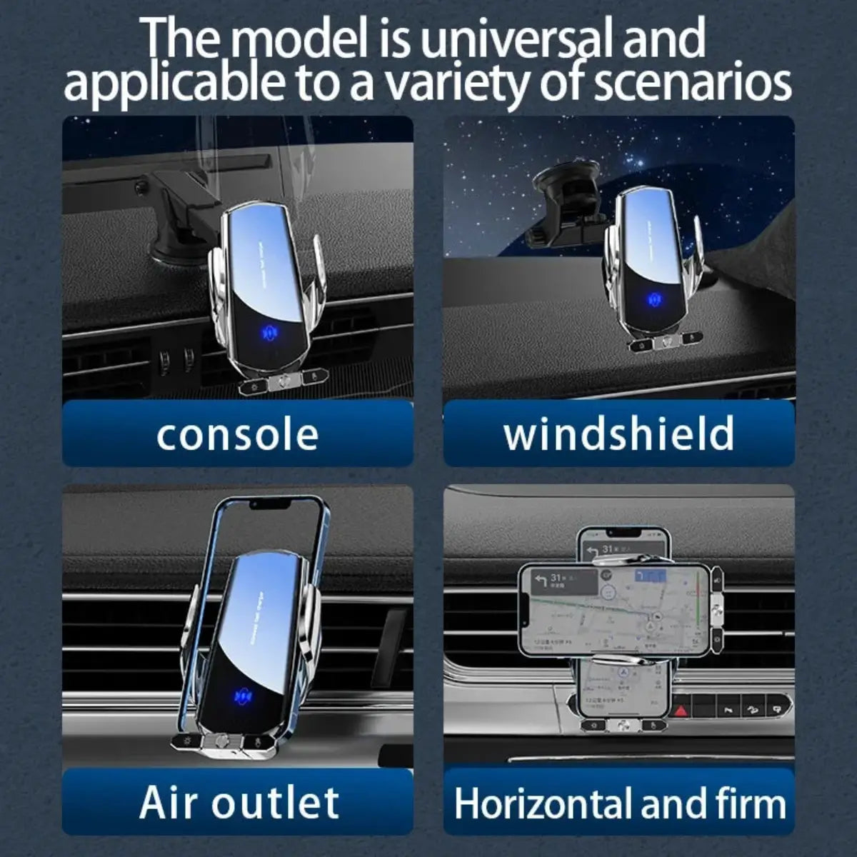 Automatic clamping car charger compatible with iPhone and Samsung phones, mounted across multiple in-car positions for any vehicle.