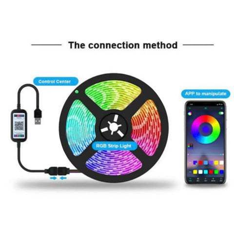 A coiled multicolor LED strip light shown next to a smartphone displaying the remote control application interface.