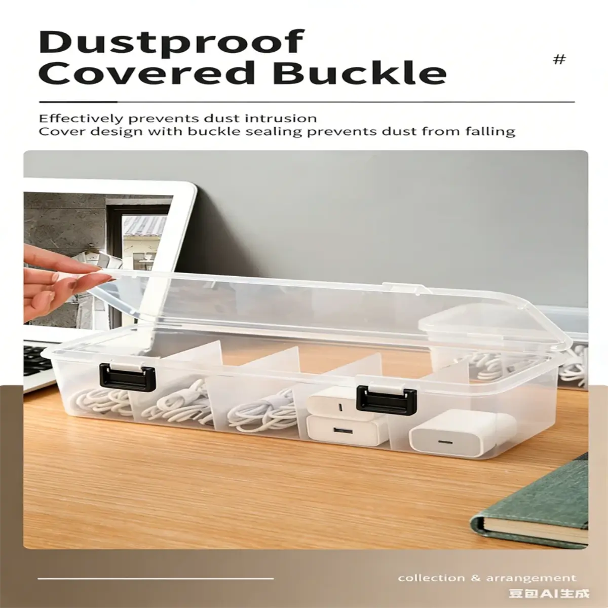Close-up of the dustproof covered buckle and secure locking design that keeps cables safely in place during travel.