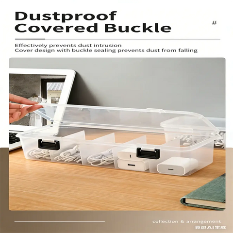 Close-up of the dustproof covered buckle and secure locking design that keeps cables safely in place during travel.