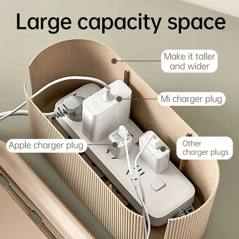 Open cable storage box showing large interior capacity, perfect for hiding routers, power strips, and tangled wires neatly.