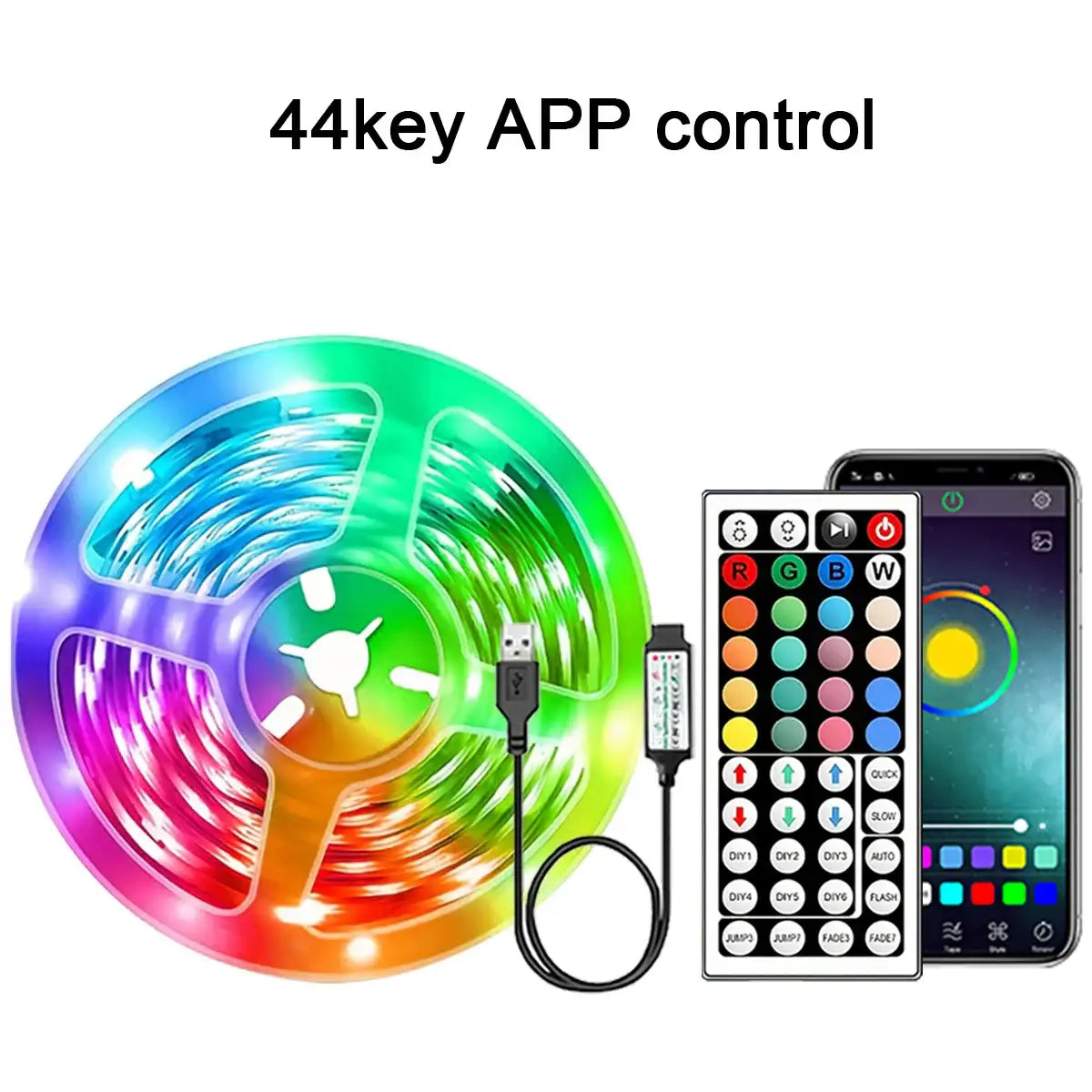 Color-changing LED strip lights with remote control for bedroom, desk, and TV backlighting