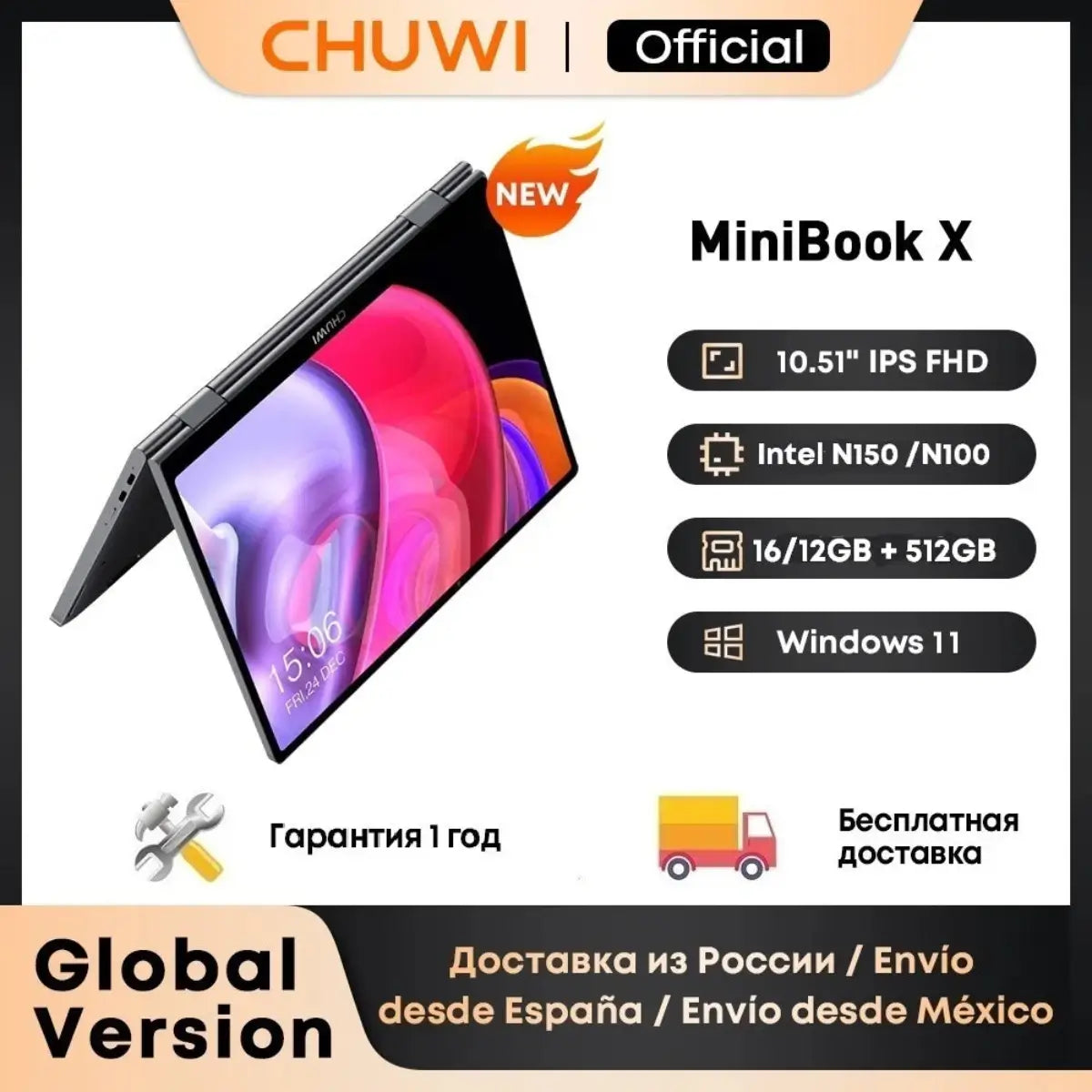 CHUWI MiniBook X 2-in-1 laptop with 10.5-inch IPS touch display, Intel N150, 16GB RAM, and Windows 11.