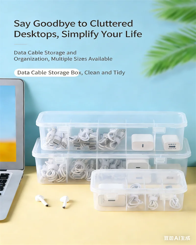 Transparent ClarityVault dustproof storage case with a secure buckle lid, organizing neatly coiled white data cables on a modern office desk.
