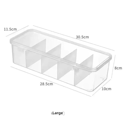 Empty clear cable organizer box shown with size dimensions and compartments for sorting cards, cords, and small electronics.