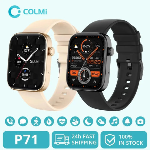 COLMI P71 smartwatch shown in black and beige with voice calling, health tracking, and IP68 waterproof features.