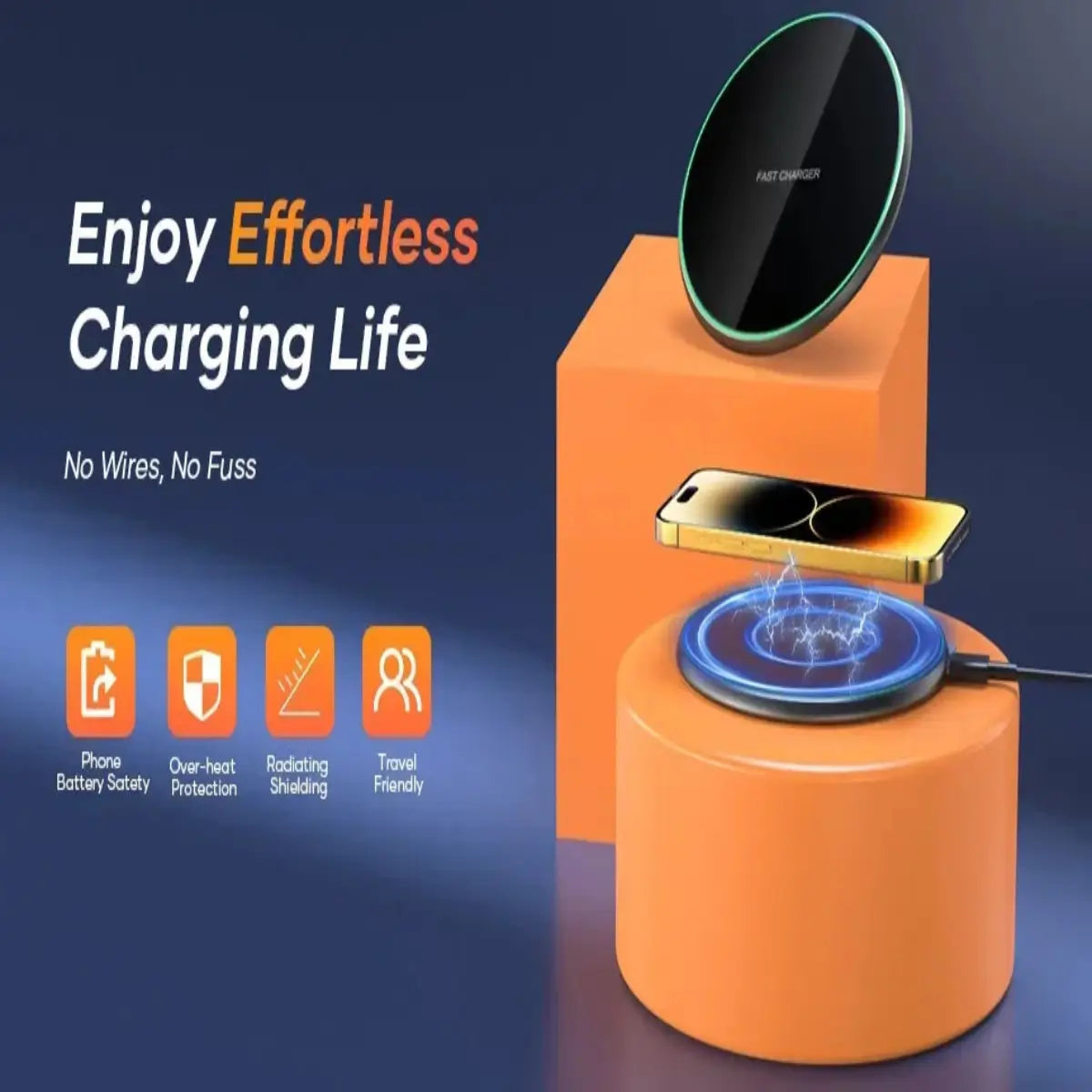 Compact wireless charging pad supporting iPhone, Samsung, and Xiaomi phones with effortless one-touch charging at the office.