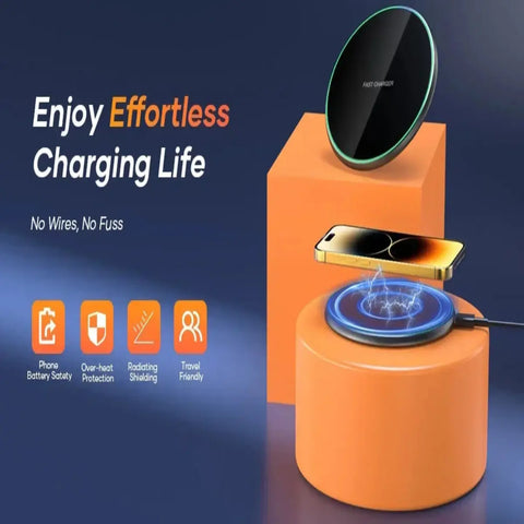 Compact wireless charging pad supporting iPhone, Samsung, and Xiaomi phones with effortless one-touch charging at the office.