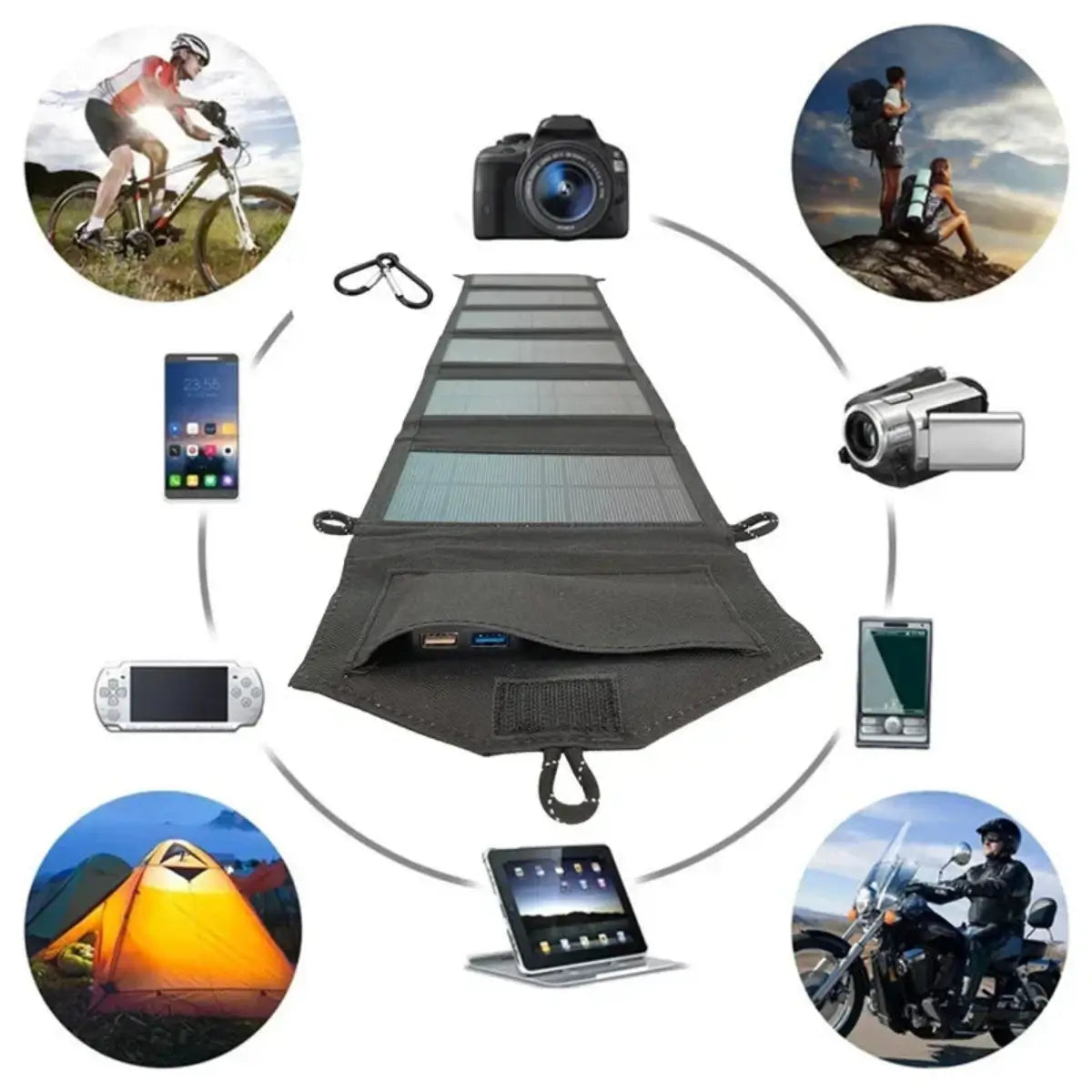 Compact foldable solar charger shown packed down with USB cables and accessories ready for backpack travel.