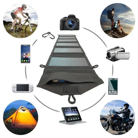 Compact foldable solar charger shown packed down with USB cables and accessories ready for backpack travel.