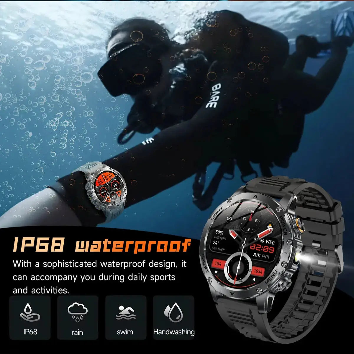  IP68 waterproof rugged smartwatch shown in wet outdoor conditions, built to handle sweat, rain, and tough environments.