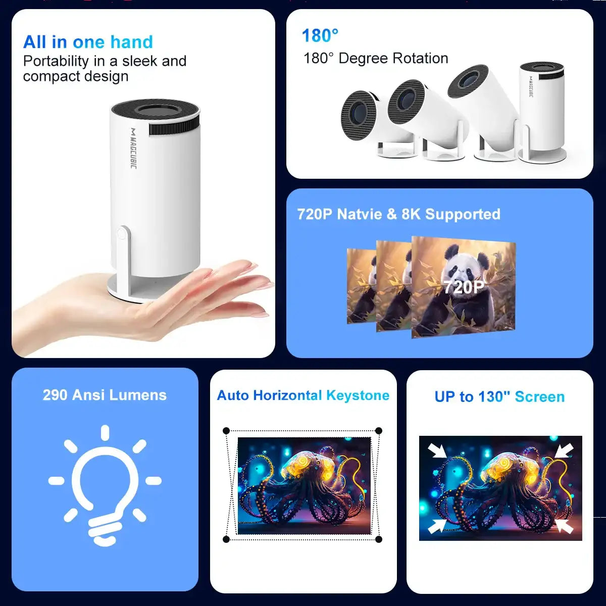 MAGCUBIC HY300 Android smart projector with built-in apps showing multiple streaming screens for movies, sports, and games.