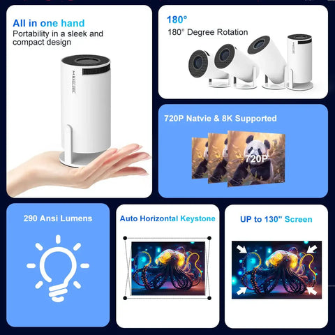 MAGCUBIC HY300 Android smart projector with built-in apps showing multiple streaming screens for movies, sports, and games.