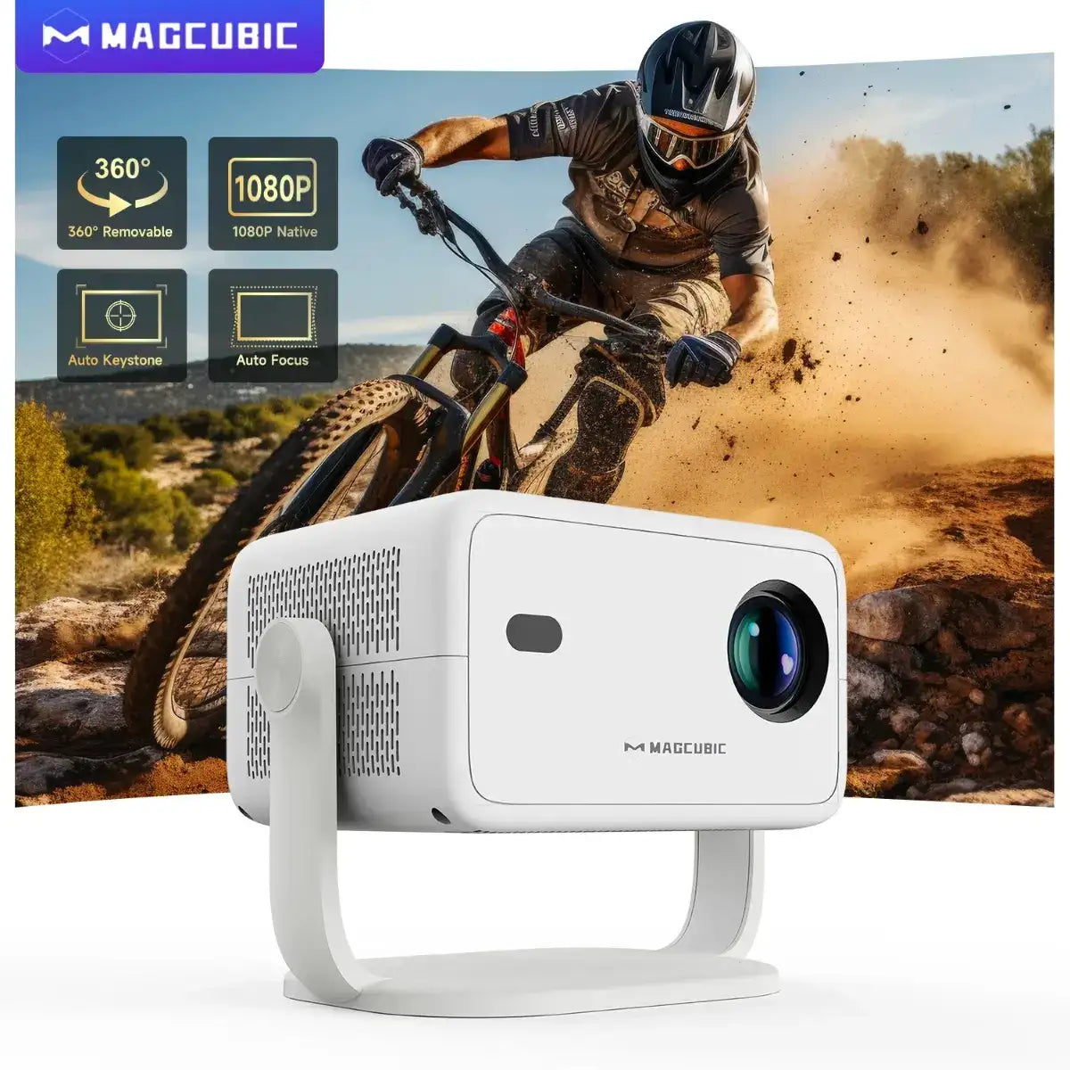 MAGCUBIC L018 smart projector with 1080P native resolution, 650 ANSI brightness, and 360-degree rotating design for cinema viewing.