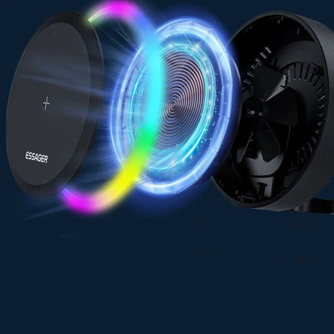Close-up of an illuminated magnetic car vent phone mount showcasing its dynamic RGB neon lighting indicator.
