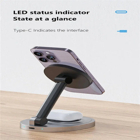 Magnetic charging stand holding an iPhone upright with LED status indicator showing real-time charging progress at a glance.