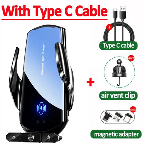  15W magnetic wireless car charger mount with Type C cable, air vent clip, and accessories for hands-free driving.