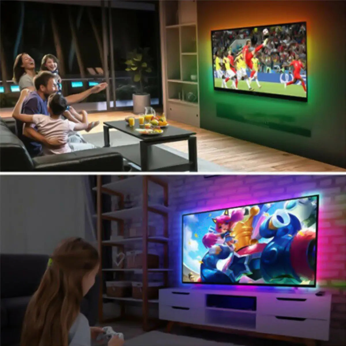 A living room entertainment setup demonstrating color-changing music sync effects behind a smart television display.