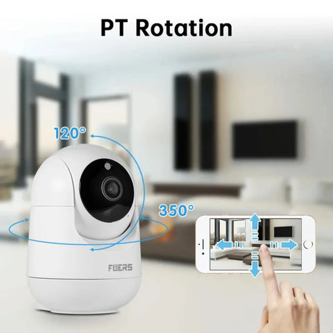 Pan-tilt security camera demonstrating 360-degree rotation while mounted indoors for complete room coverage and blind-spot-free monitoring.