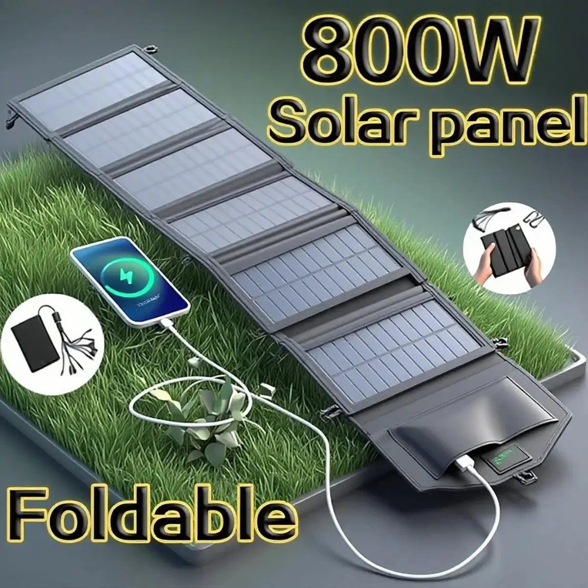 Foldable portable solar panel unfolded on grass charging a phone and power bank during a daytime hike.