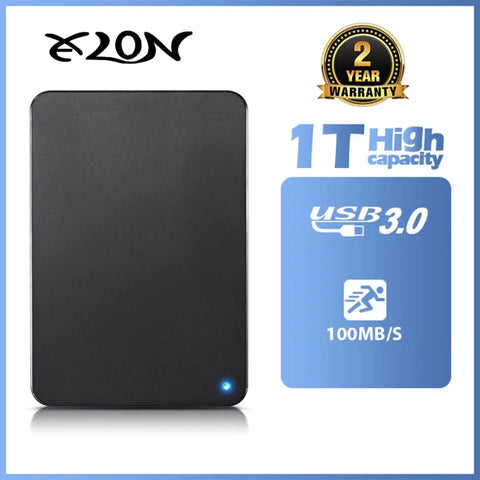 Black 1TB portable HDD with USB 3.0, 100MB/s transfer speed, and two-year warranty for reliable storage.