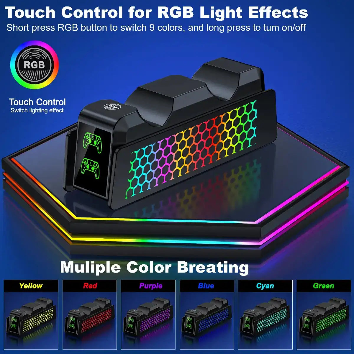 PS5 controller charging dock with touch-control RGB lighting and multiple color breathing modes for an immersive gamer setup.