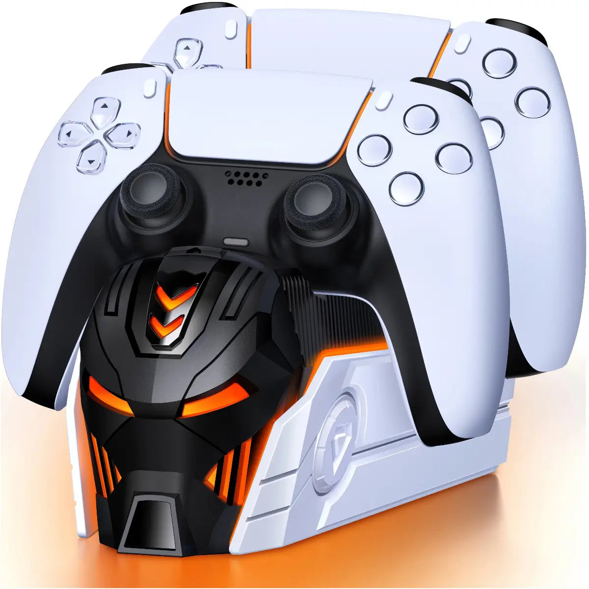 Mecha-style PS5 dual controller charging dock holding a white DualSense controller for a bold gaming setup display.