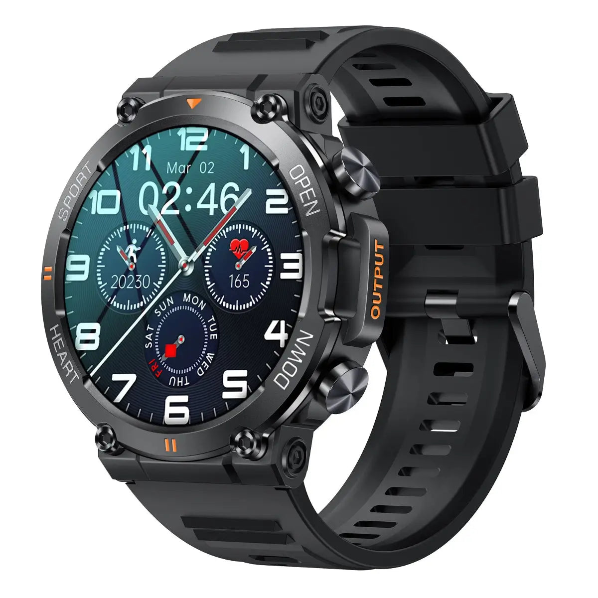 SENBONO smartwatch for men with rugged round display and black sport strap for fitness, calls, and daily wear.