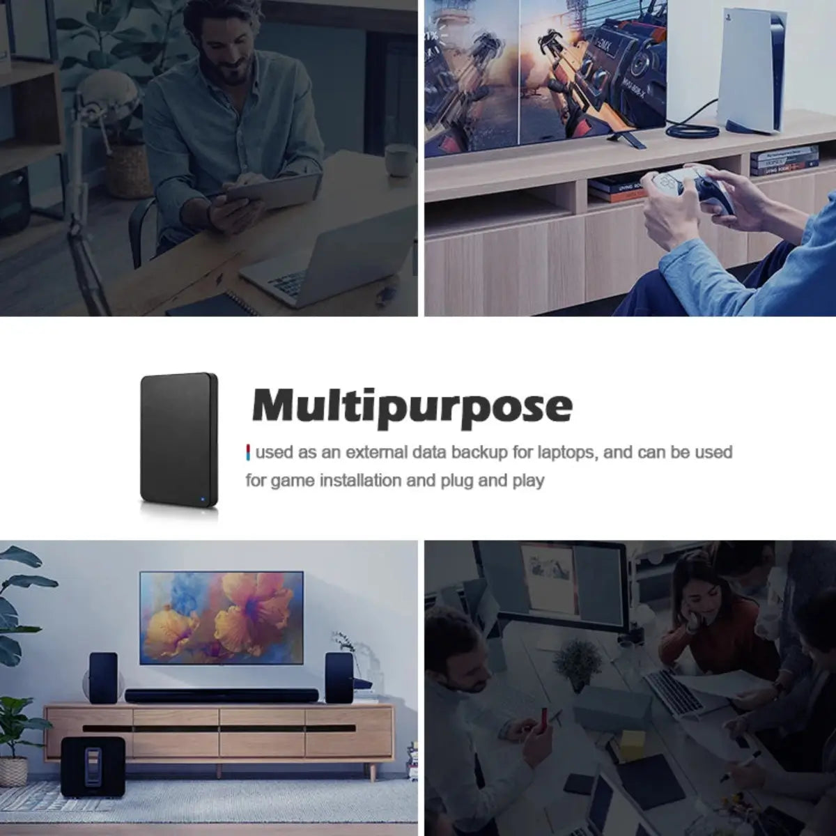 Slim portable external hard drive in black ABS casing, lightweight design that fits easily into bags for travel.