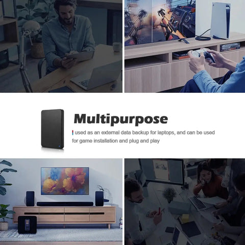 Slim portable external hard drive in black ABS casing, lightweight design that fits easily into bags for travel.