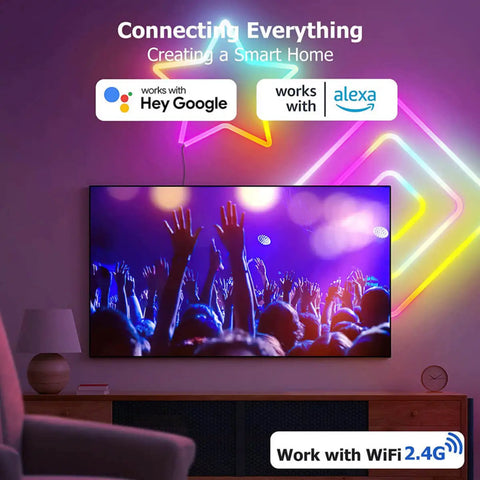 A vibrant neon light strip casting a smooth, colorful background glow over a modern entertainment center setup.