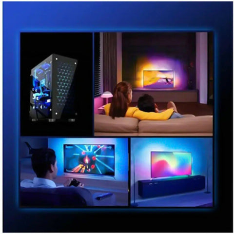 A four-panel display showcasing vibrant ambient room lighting behind a TV, gaming station, and bed setup.