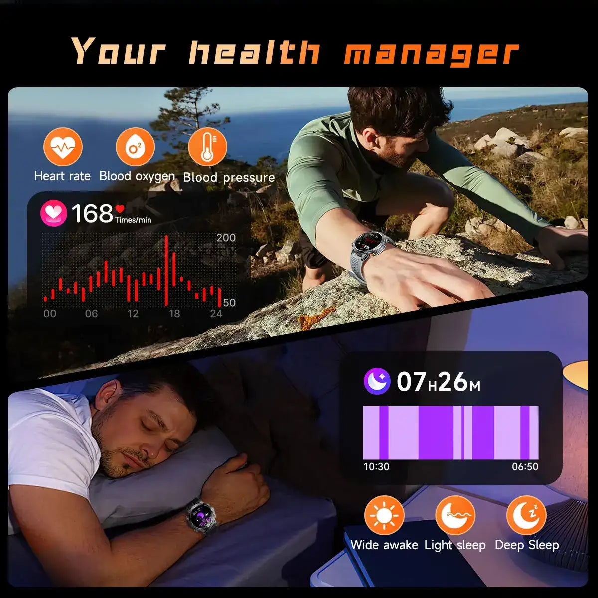 Smartwatch acting as a personal health manager, tracking heart rate, sleep, steps, and calories during daily routines