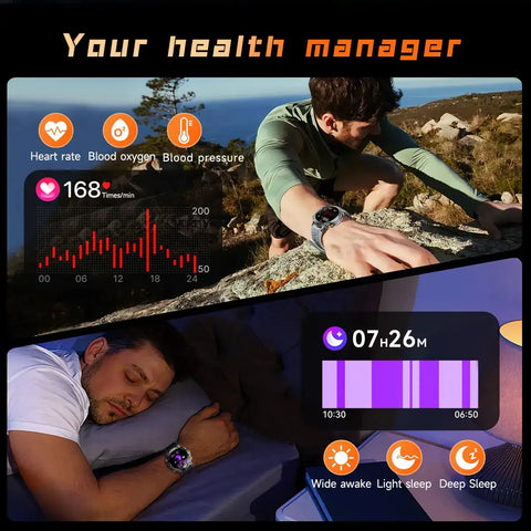 Smartwatch acting as a personal health manager, tracking heart rate, sleep, steps, and calories during daily routines