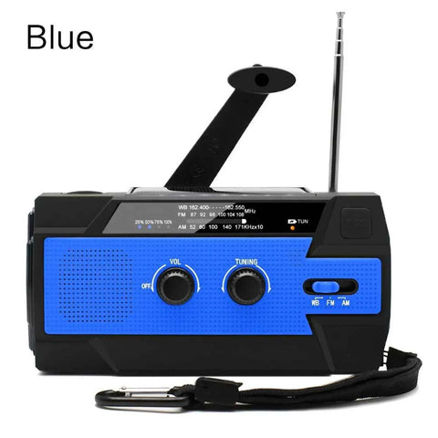 Blue solar-powered hand crank weather radio with LED flashlight and USB charging for hikers and campers