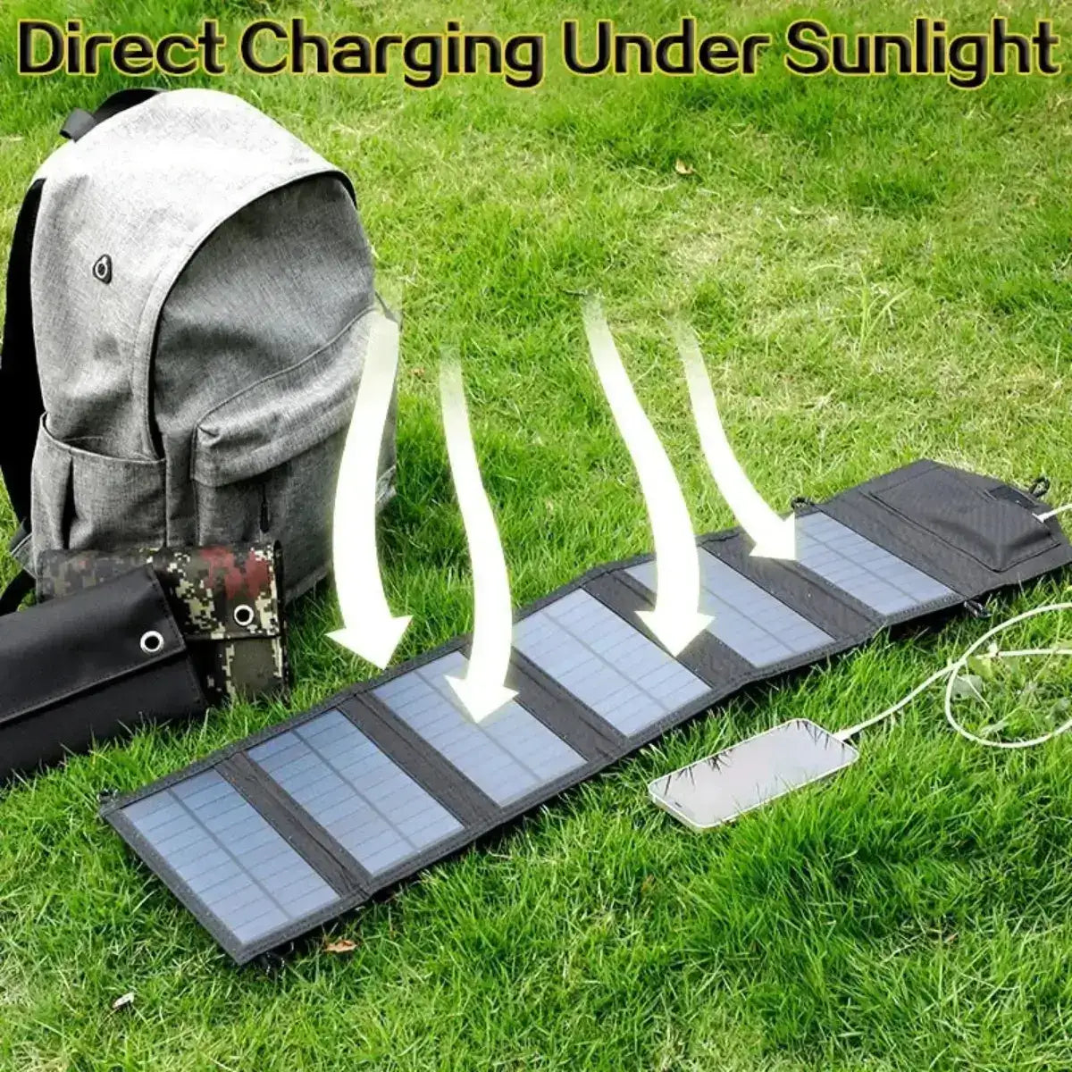 20W solar charger absorbing sunlight while powering devices through USB outputs for off-grid trails and campsites.