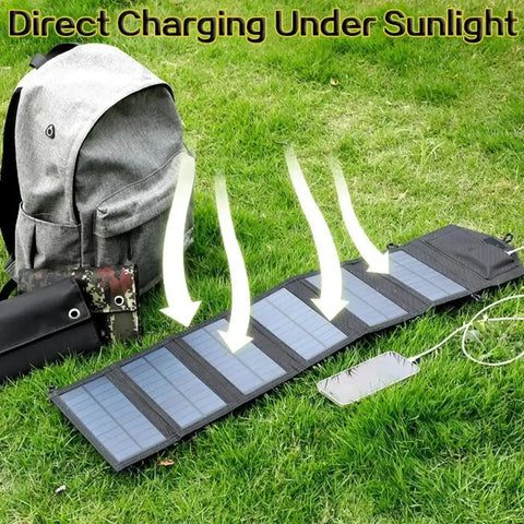 20W solar charger absorbing sunlight while powering devices through USB outputs for off-grid trails and campsites.